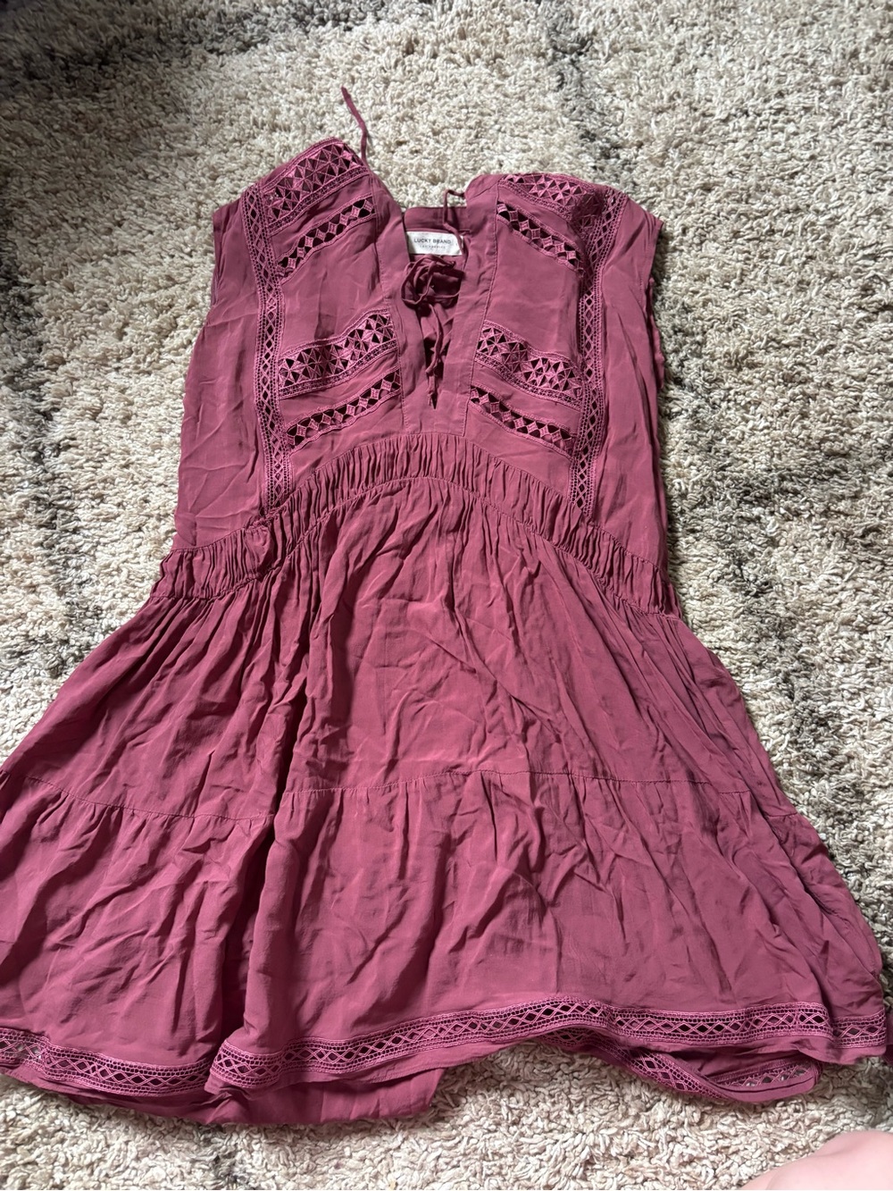 Lucky Brand Lace-Up Crochet Eyelet Trim Tunic Top Top Rose Plum Small romantic